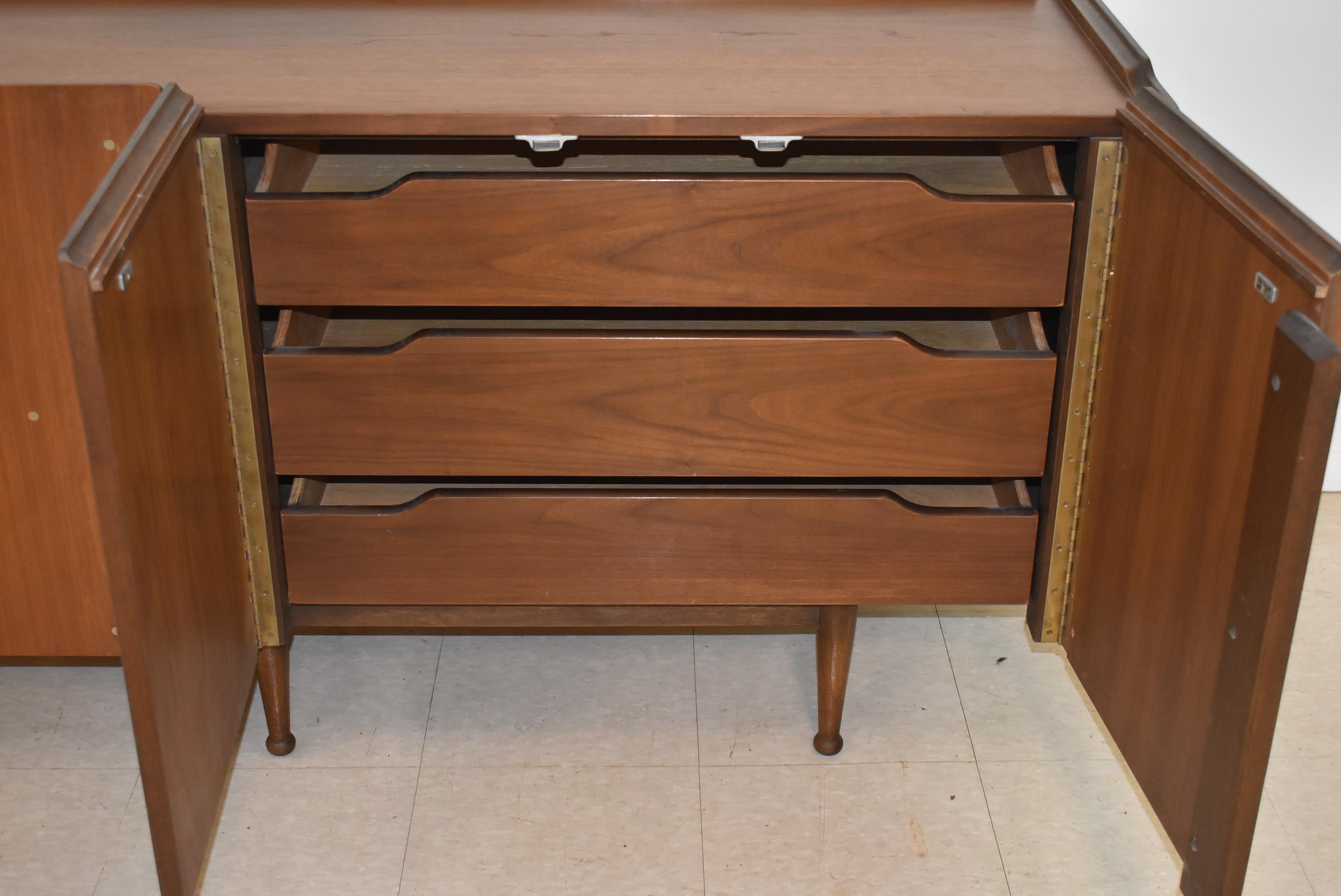 Brass Mainline by Hooker 4-Door Walnut Credenza For Sale