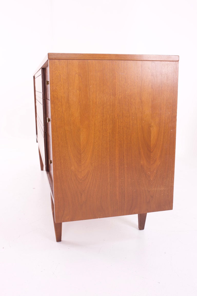 Mainline by Hooker Mid Century Walnut and Brass 9Drawer Lowboy Dresser