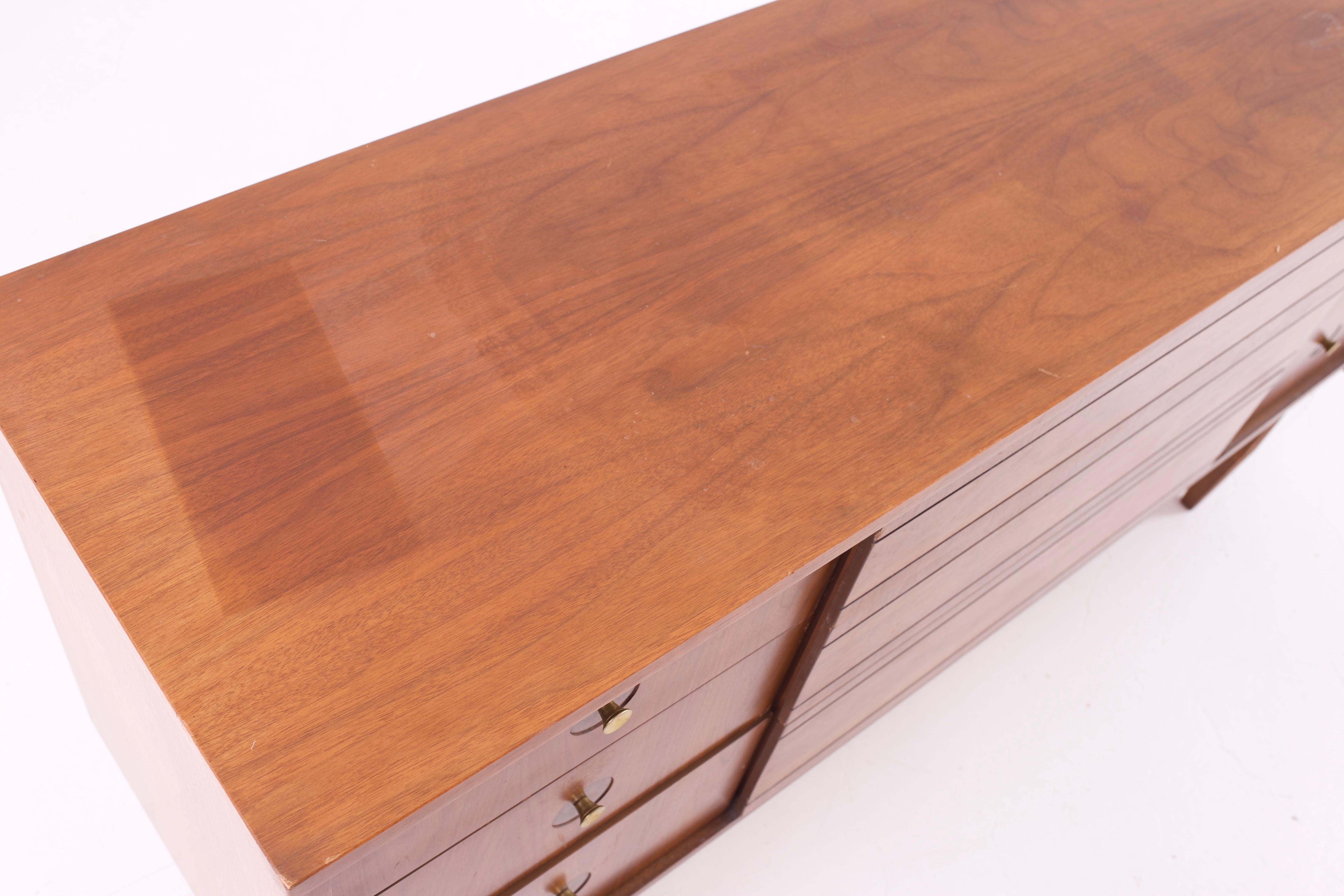 Mainline by Hooker Mid Century Walnut and Brass 9-Drawer Lowboy Dresser 2