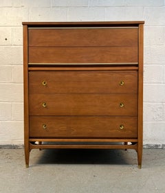 Mainline by Hooker Mid-Century Walnut and Brass Five Drawer Highboy Dresser