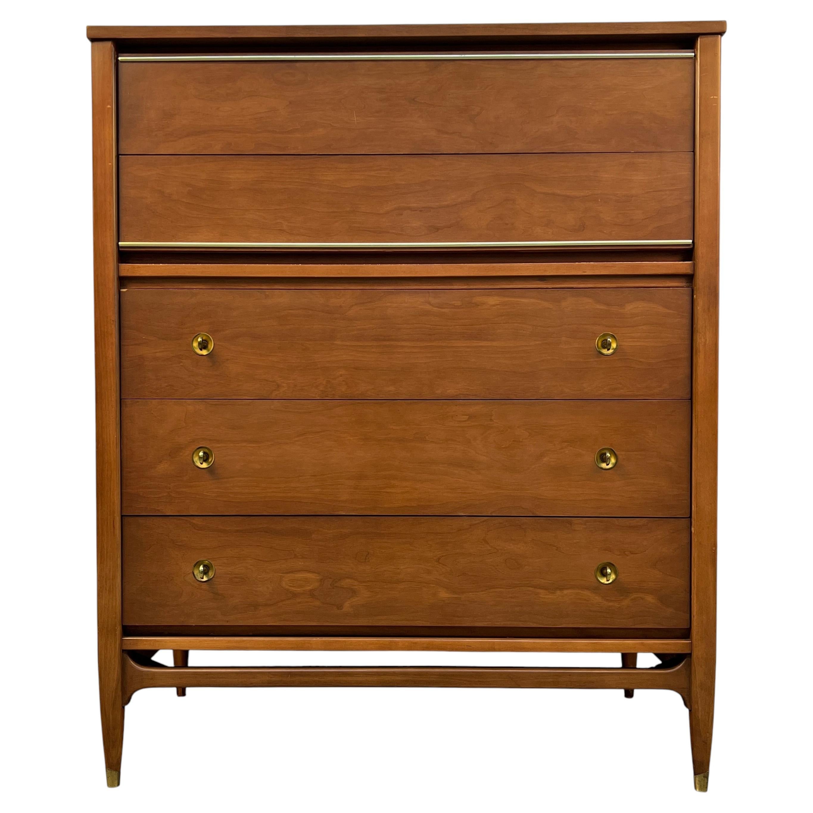 Mainline by Hooker Mid-Century Walnut and Brass Five Drawer Highboy Dresser