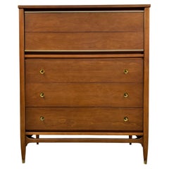 Mainline by Hooker Mid-Century Walnut and Brass Five Drawer Highboy Dresser