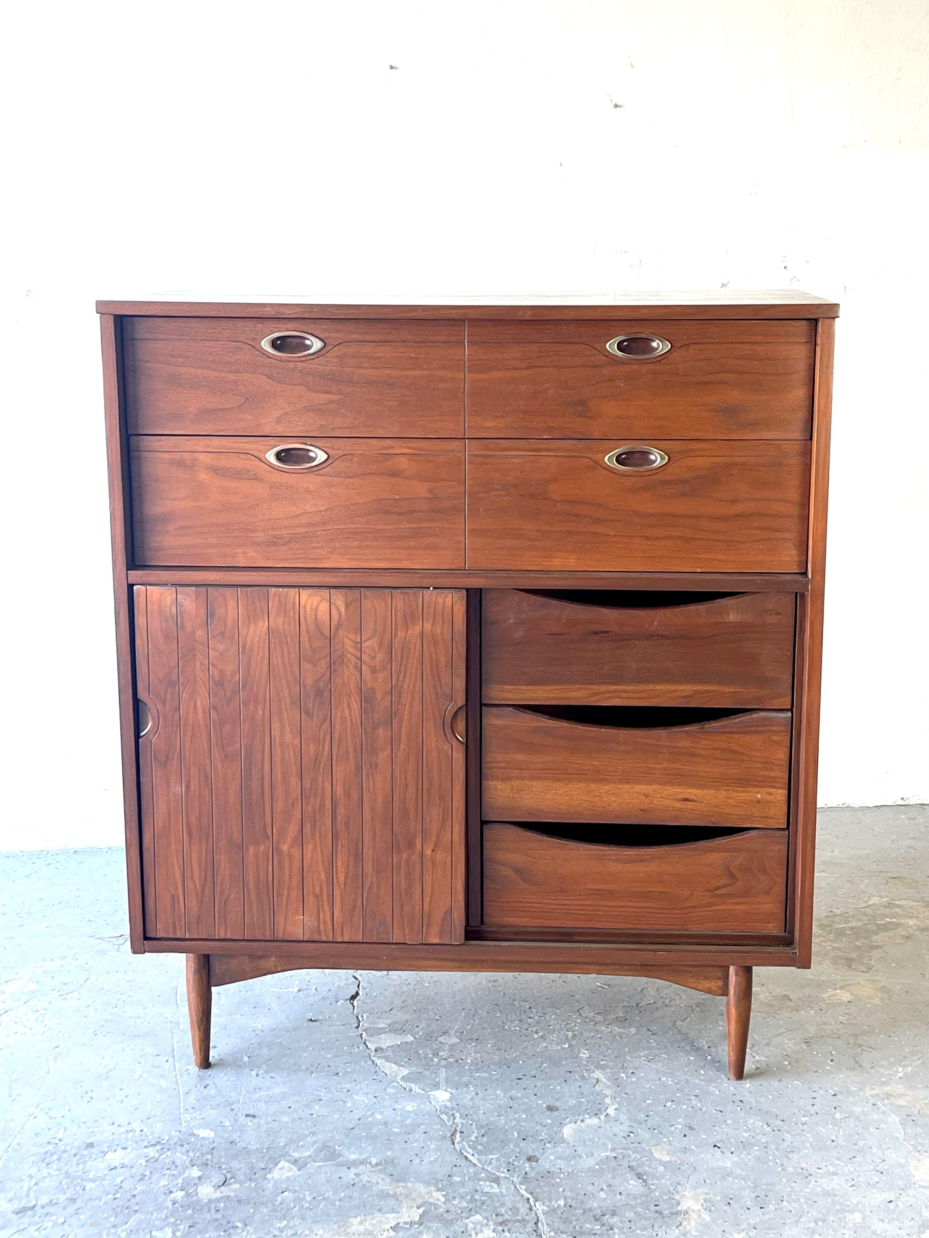 Mid-Century Modern Mainline by Hooker Mid Century Walnut and Cane 8 Drawer Highboy Dresser