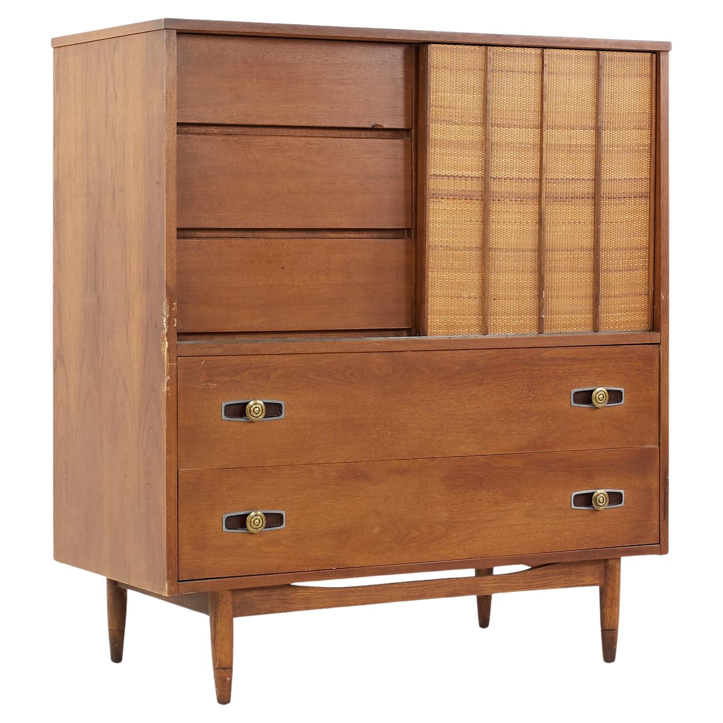 Mainline by Hooker Mid Century Walnut and Cane 8 Drawer Highboy Dresser For Sale
