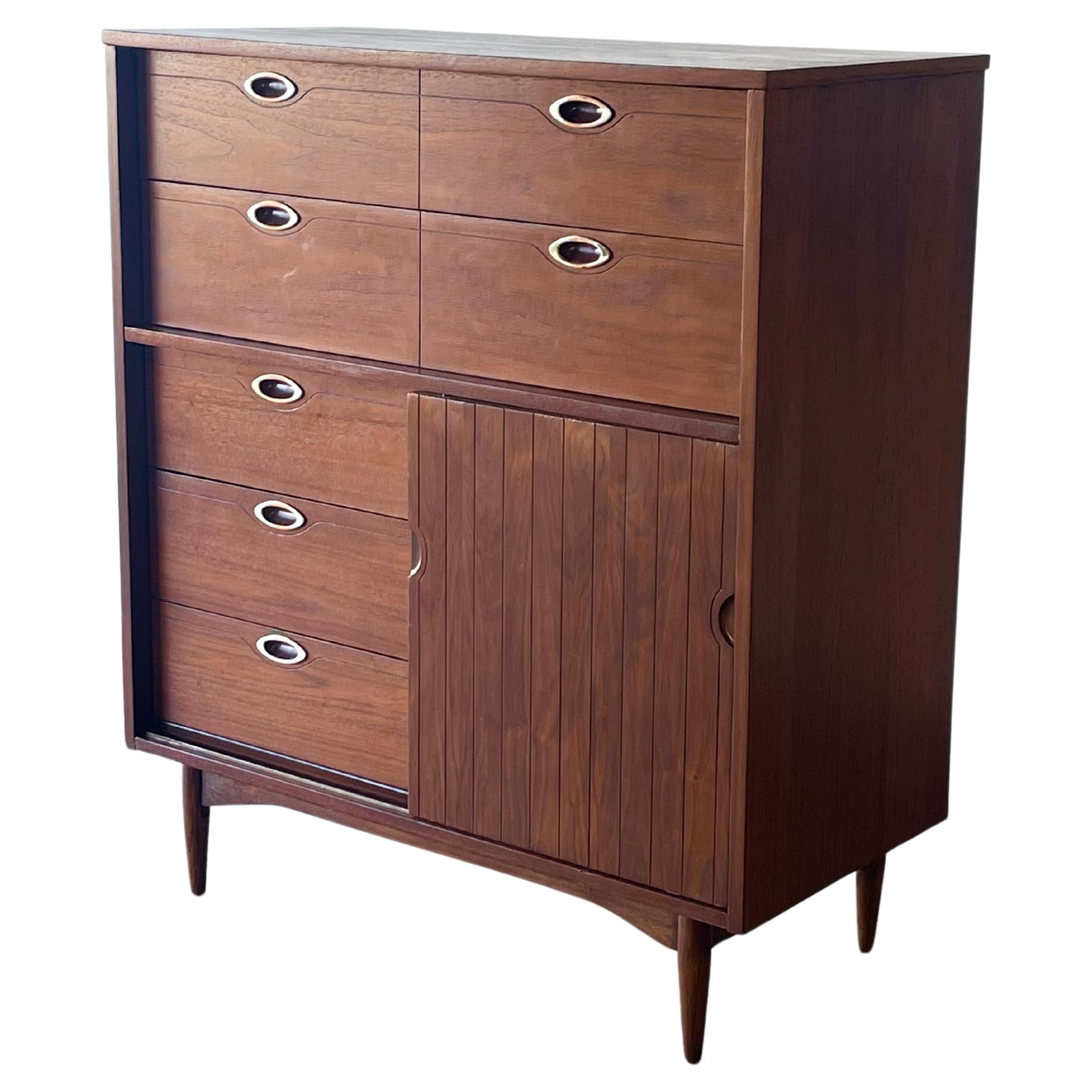 Mainline by Hooker Mid Century Walnut and Cane 8 Drawer Highboy Dresser