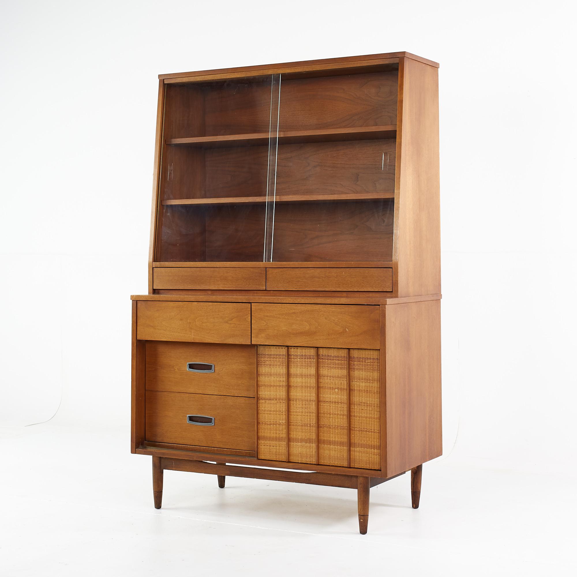 Mid-Century Modern Mainline by Hooker Mid Century Walnut and Cane China Cabinet Buffet and Hutch For Sale