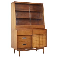 Mainline by Hooker Mid Century Walnut and Cane China Cabinet Buffet and Hutch