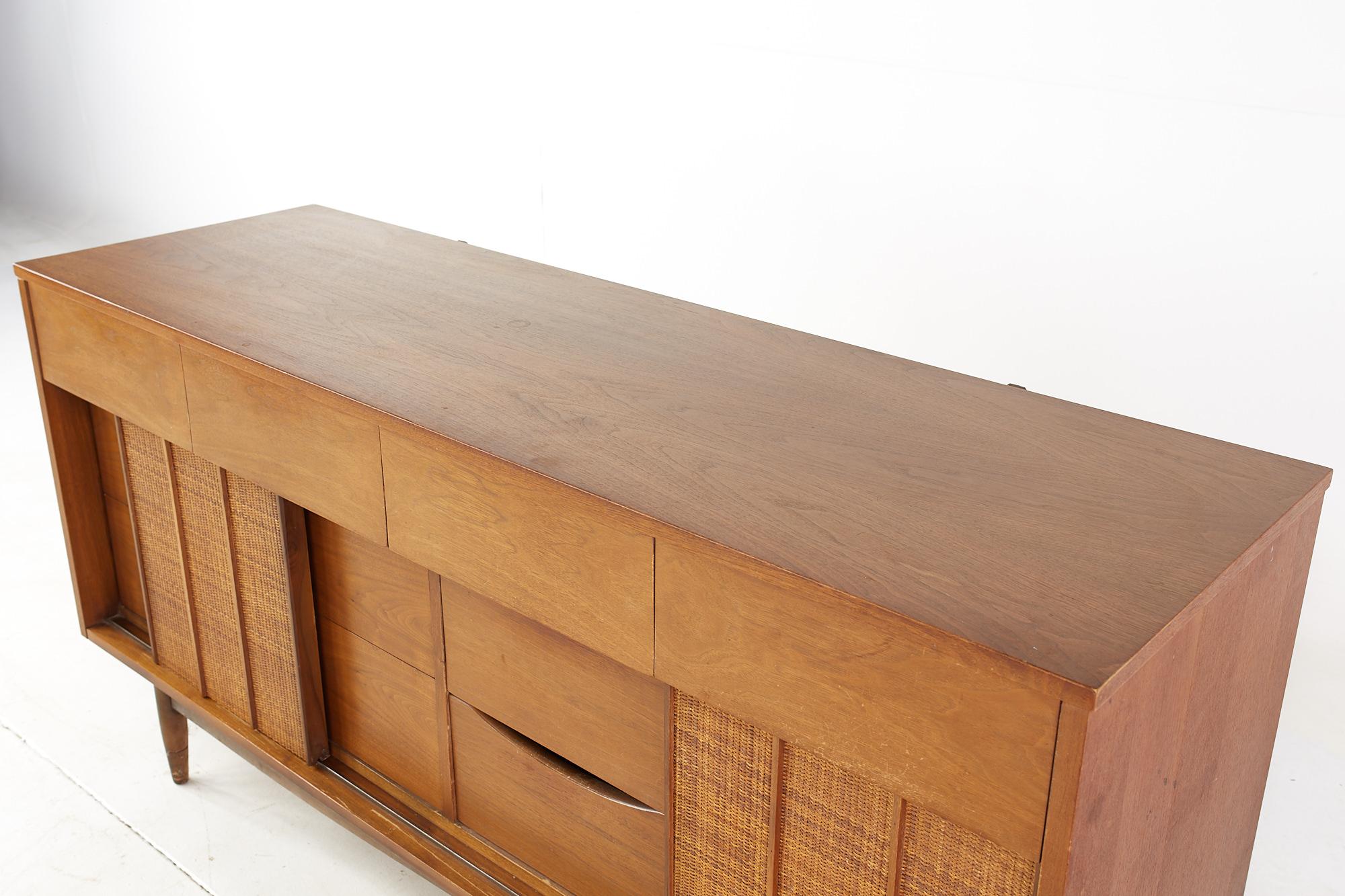 American Mainline by Hooker Mid Century Walnut and Cane Reversible Door Lowboy Dresser