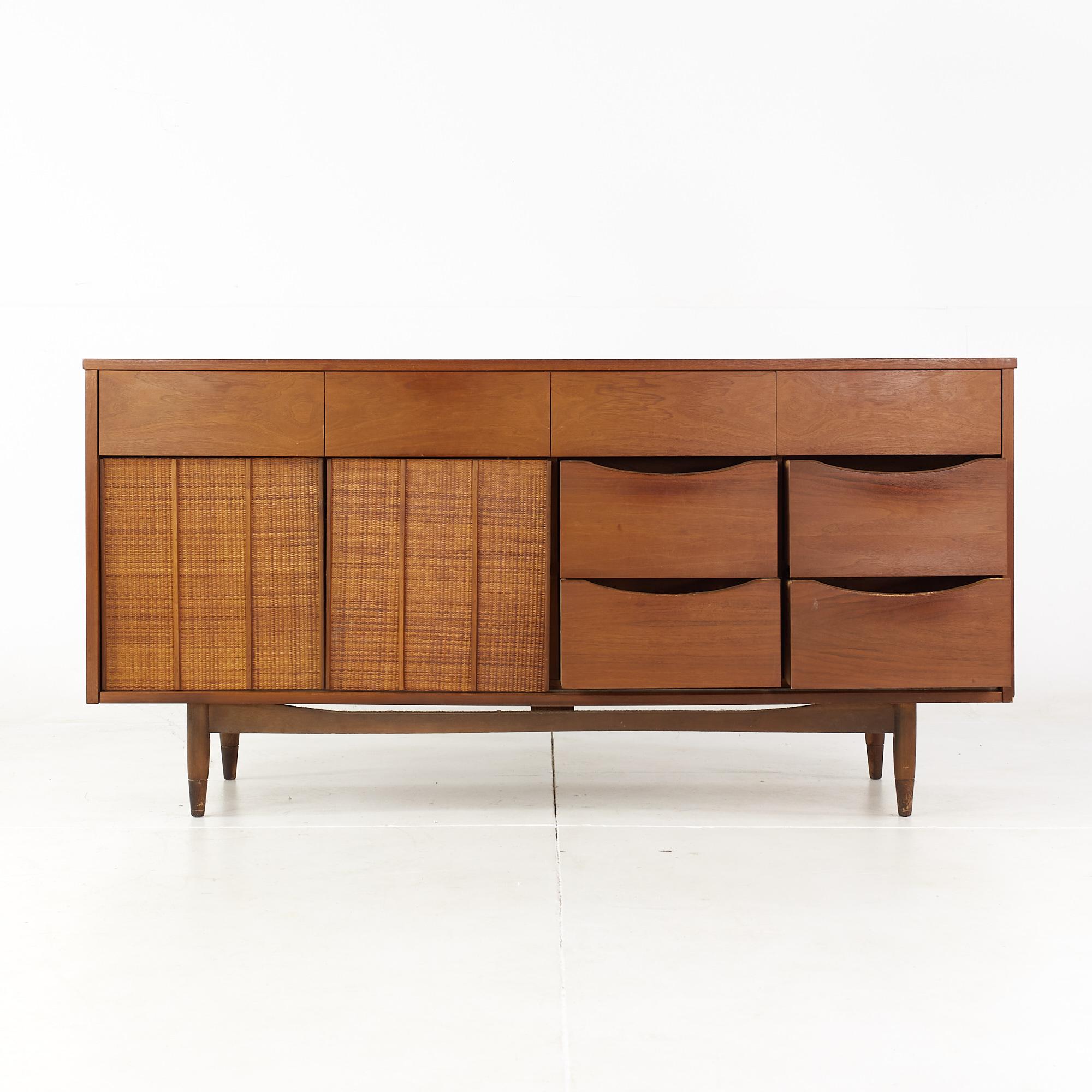 Late 20th Century Mainline by Hooker Mid Century Walnut and Cane Reversible Door Lowboy Dresser For Sale