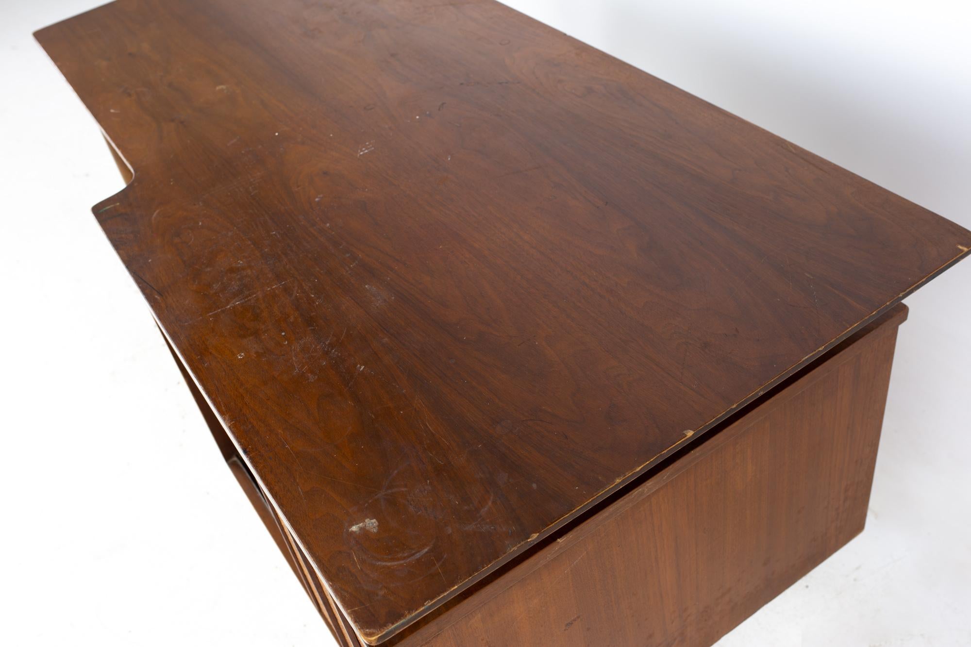 Mainline by Hooker Mid Century Walnut and Rattan Reversible Door Floating Desk 2