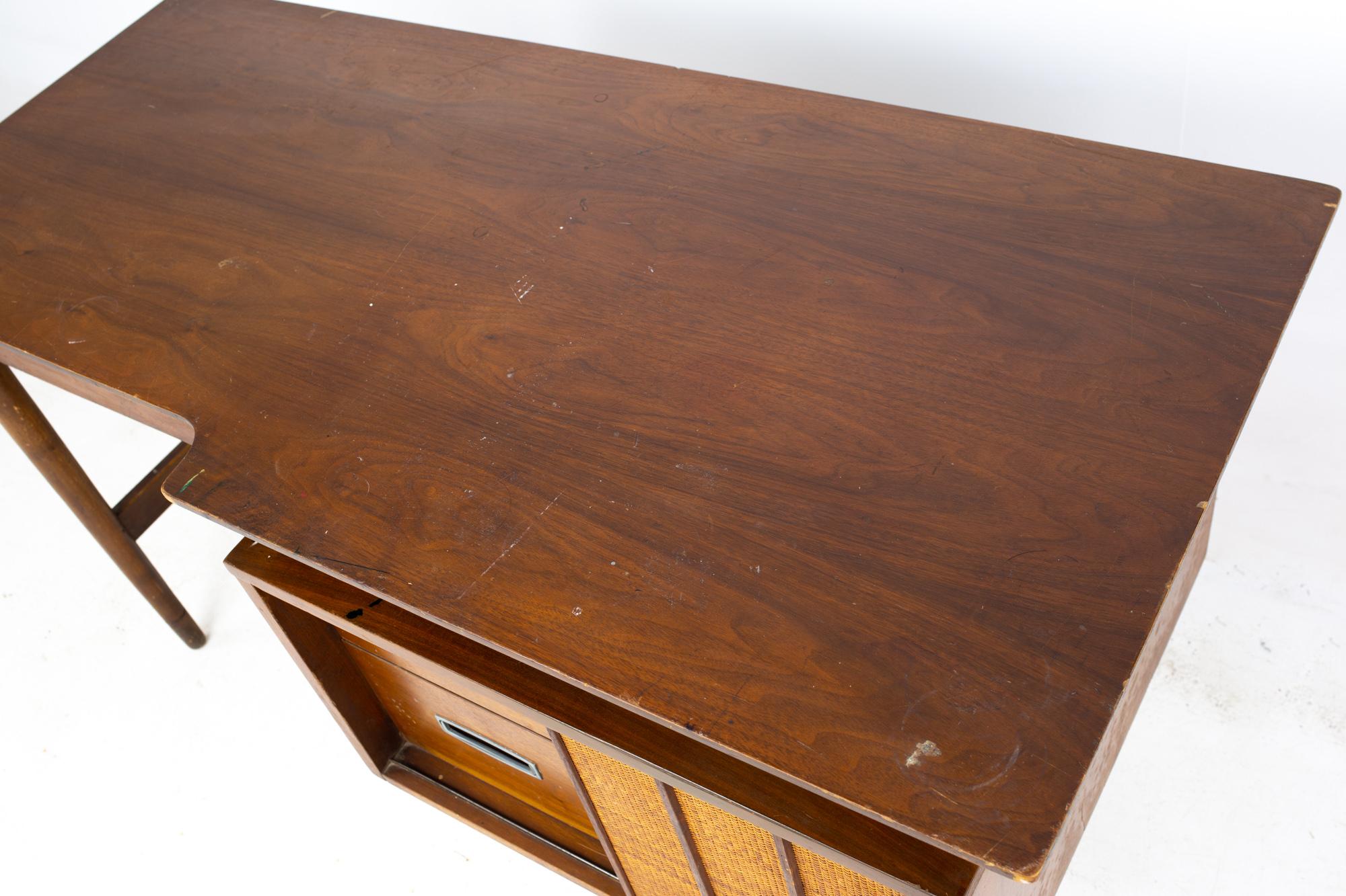Mainline by Hooker Mid Century Walnut and Rattan Reversible Door Floating Desk 3