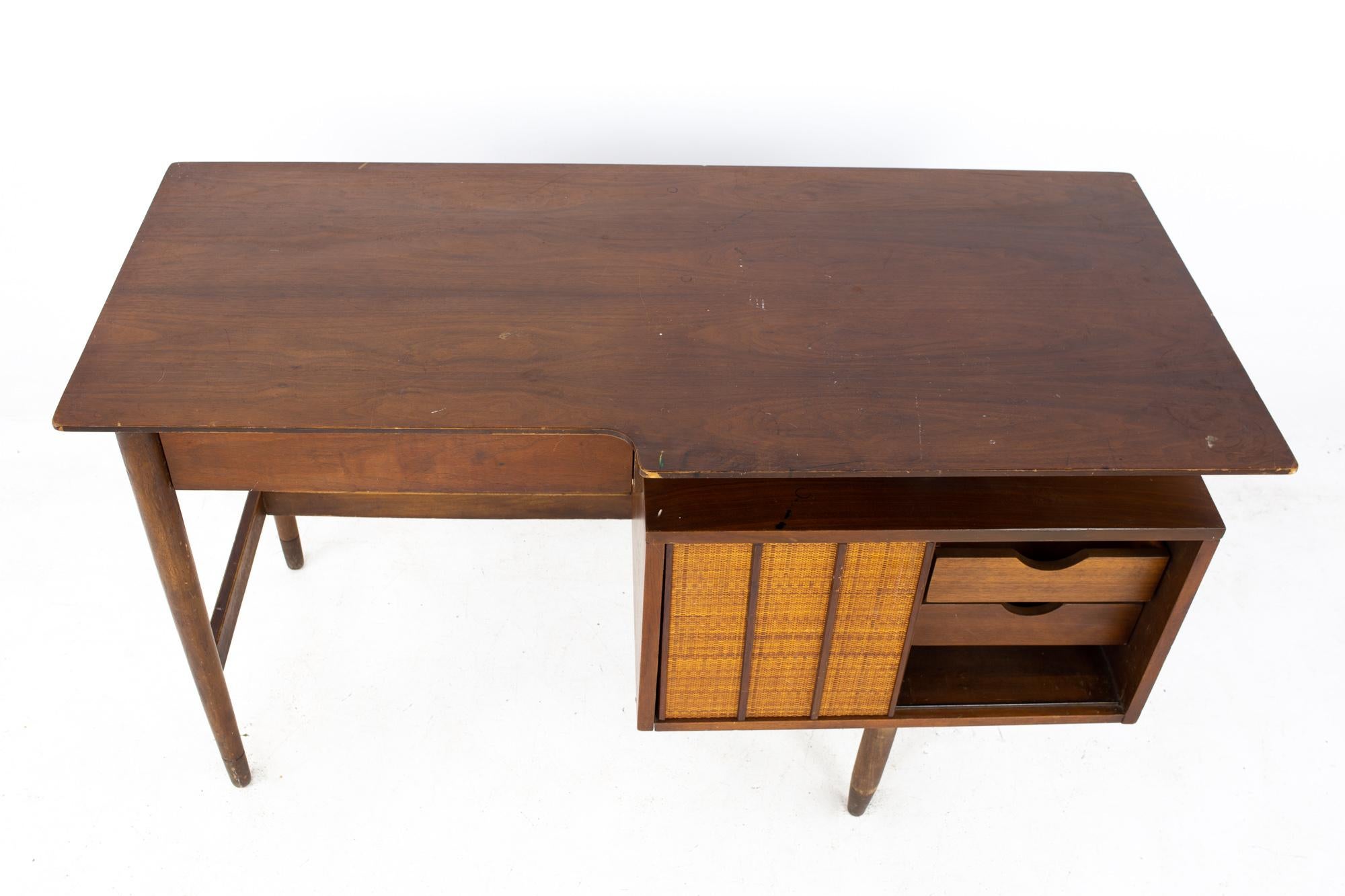 Mainline by Hooker Mid Century Walnut and Rattan Reversible Door Floating Desk 4