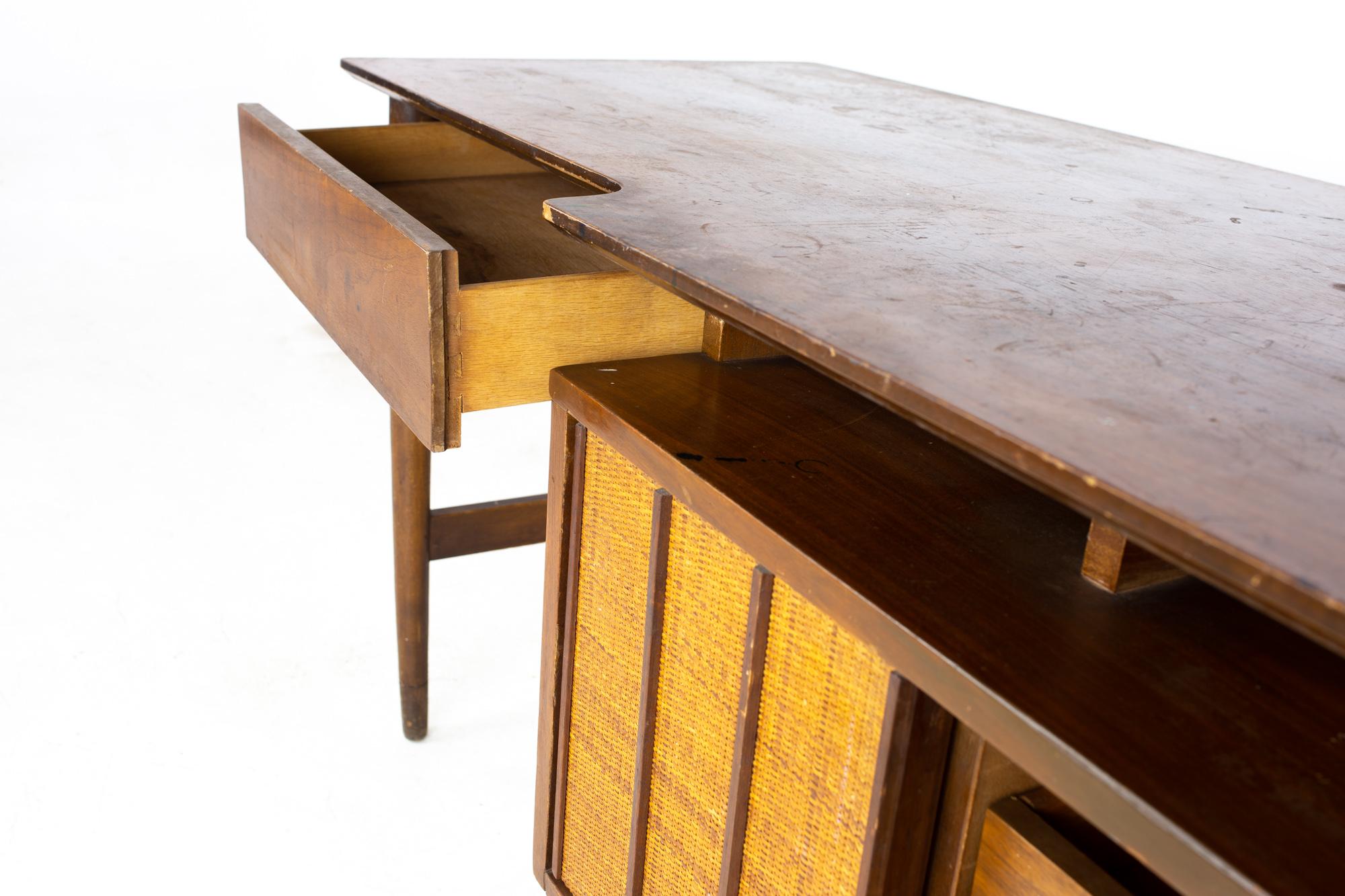Mainline by Hooker Mid Century Walnut and Rattan Reversible Door Floating Desk 6