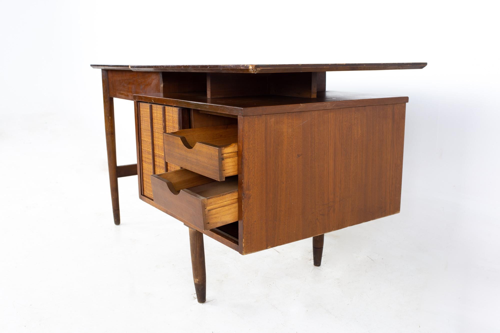 Mainline by Hooker Mid Century Walnut and Rattan Reversible Door Floating Desk 9