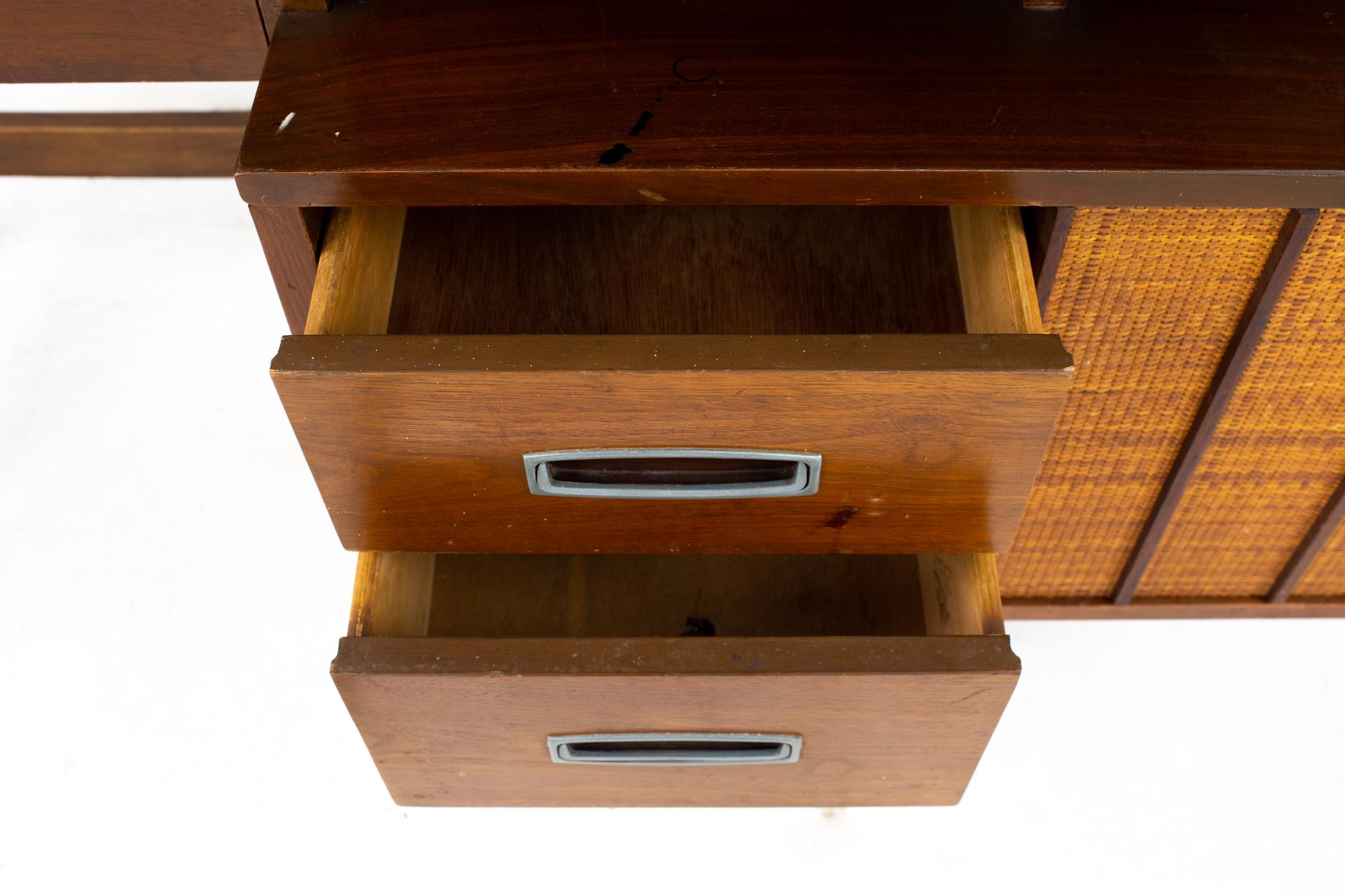 Mainline by Hooker Mid Century Walnut and Rattan Reversible Door Floating Desk 11