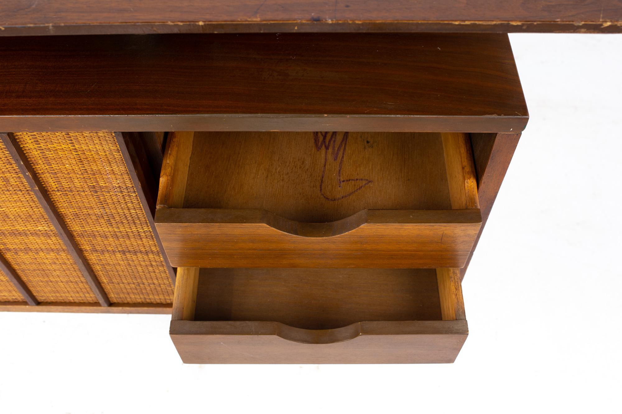 Mainline by Hooker Mid Century Walnut and Rattan Reversible Door Floating Desk 12