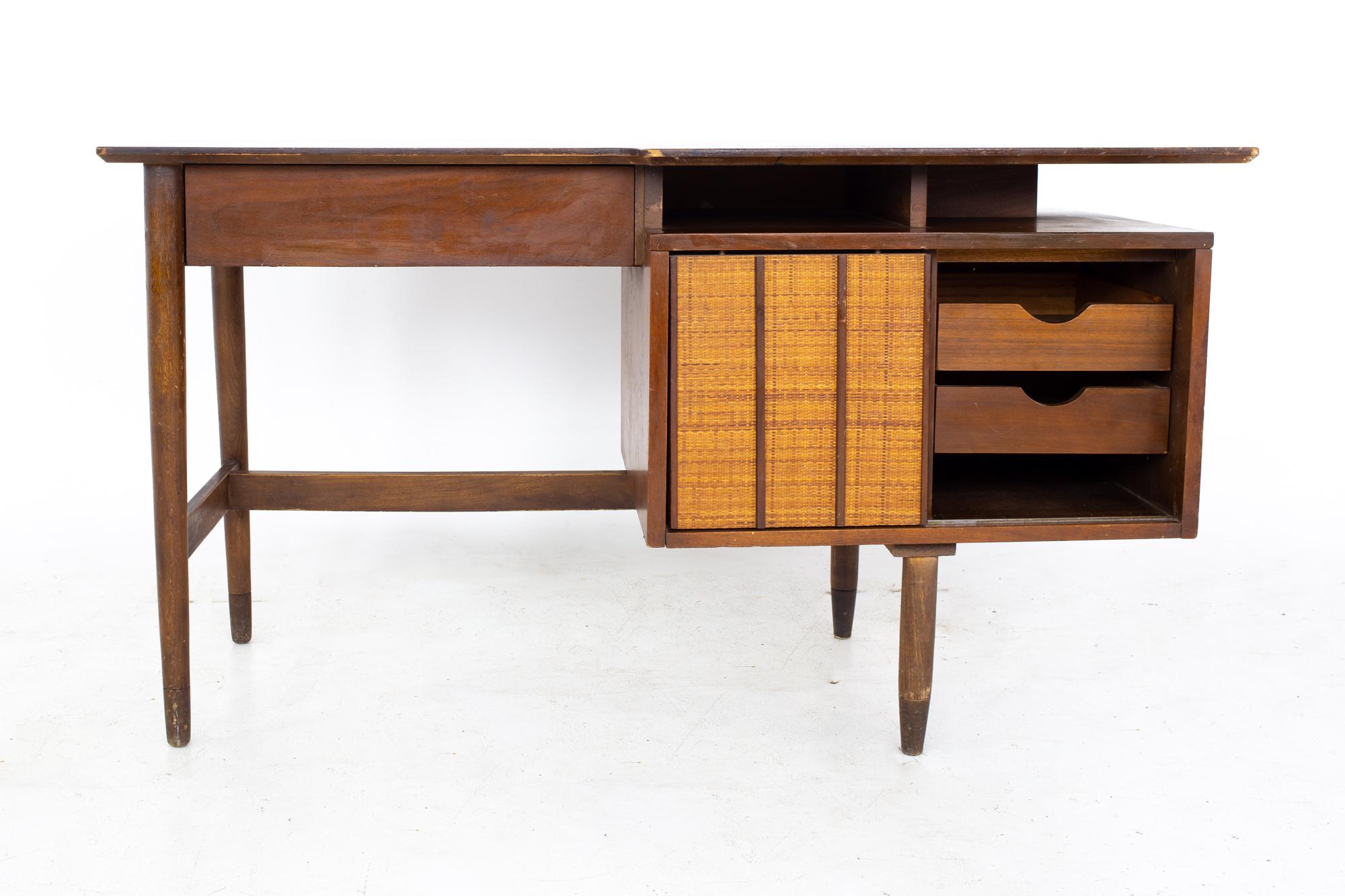 Mid-Century Modern Mainline by Hooker Mid Century Walnut and Rattan Reversible Door Floating Desk