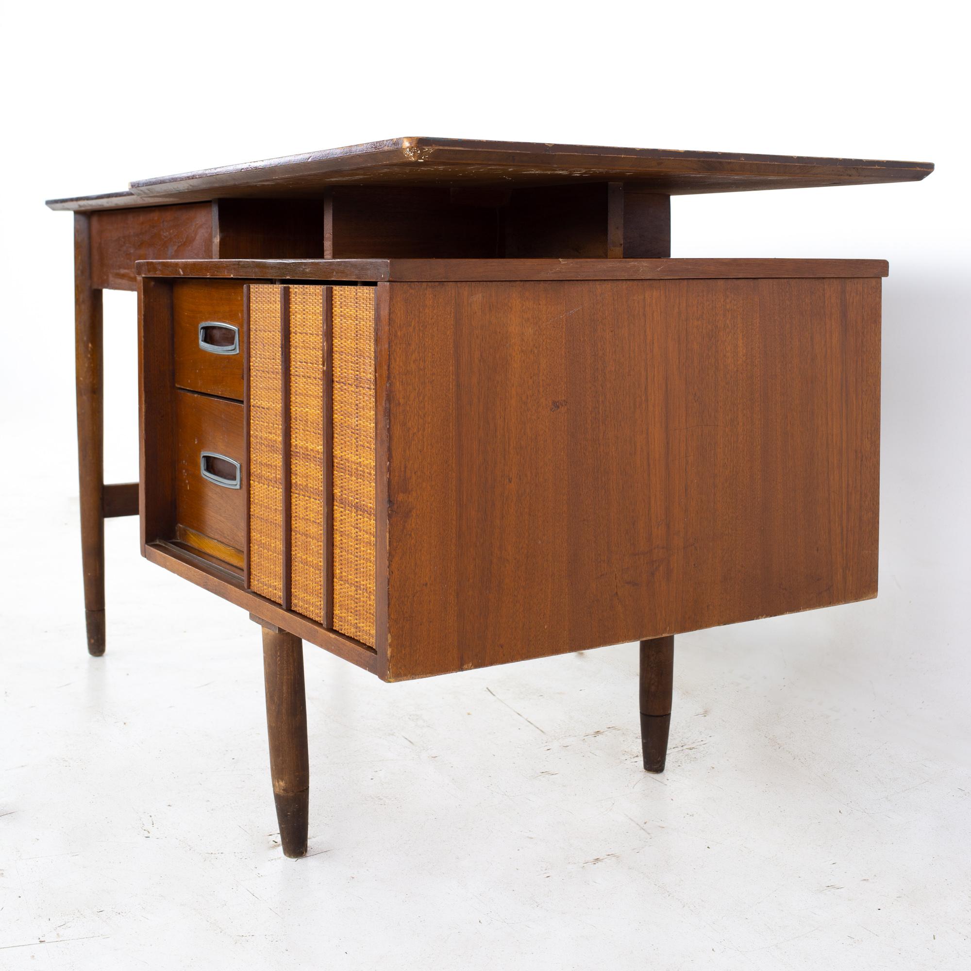 American Mainline by Hooker Mid Century Walnut and Rattan Reversible Door Floating Desk
