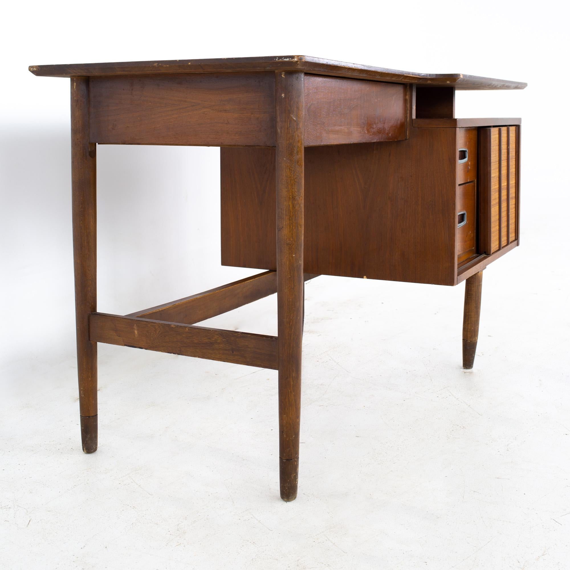 Mainline by Hooker Mid Century Walnut and Rattan Reversible Door Floating Desk In Good Condition In Countryside, IL