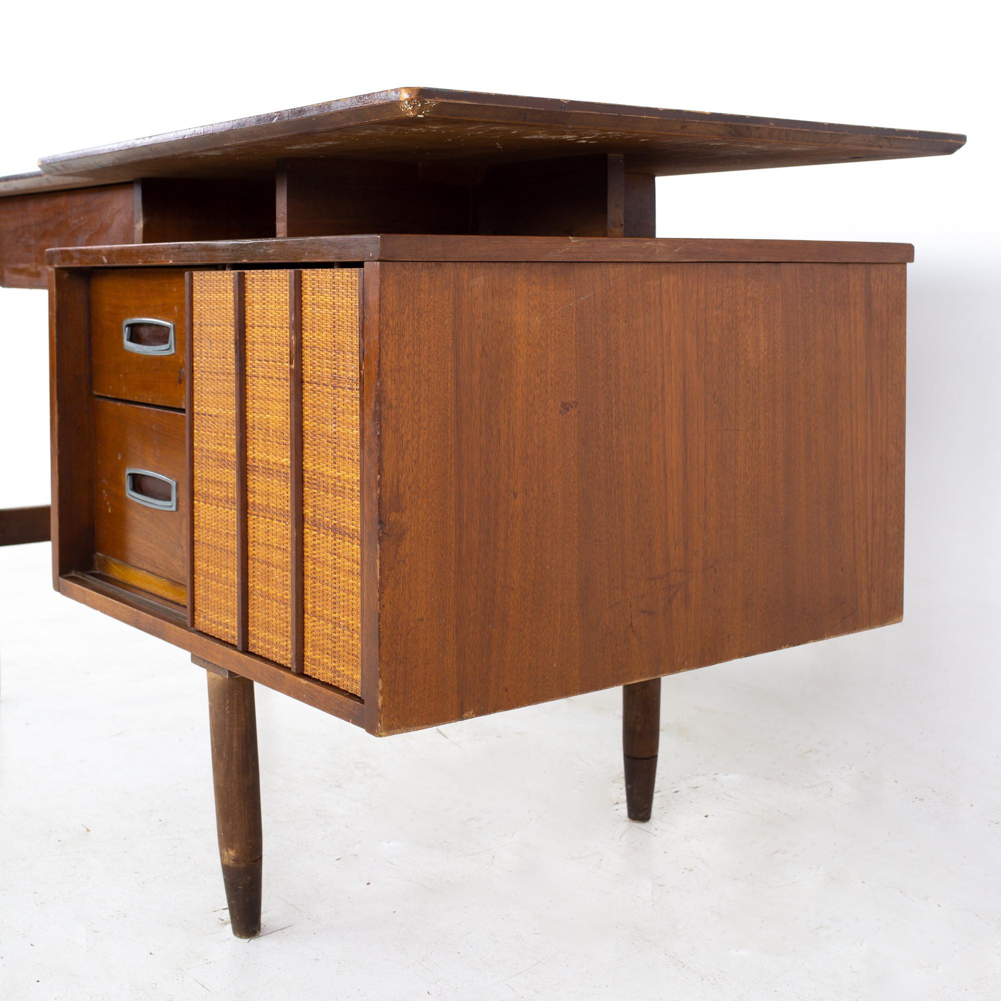 Late 20th Century Mainline by Hooker Mid Century Walnut and Rattan Reversible Door Floating Desk