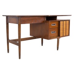 Mainline by Hooker Mid Century Walnut and Rattan Reversible Door Floating Desk