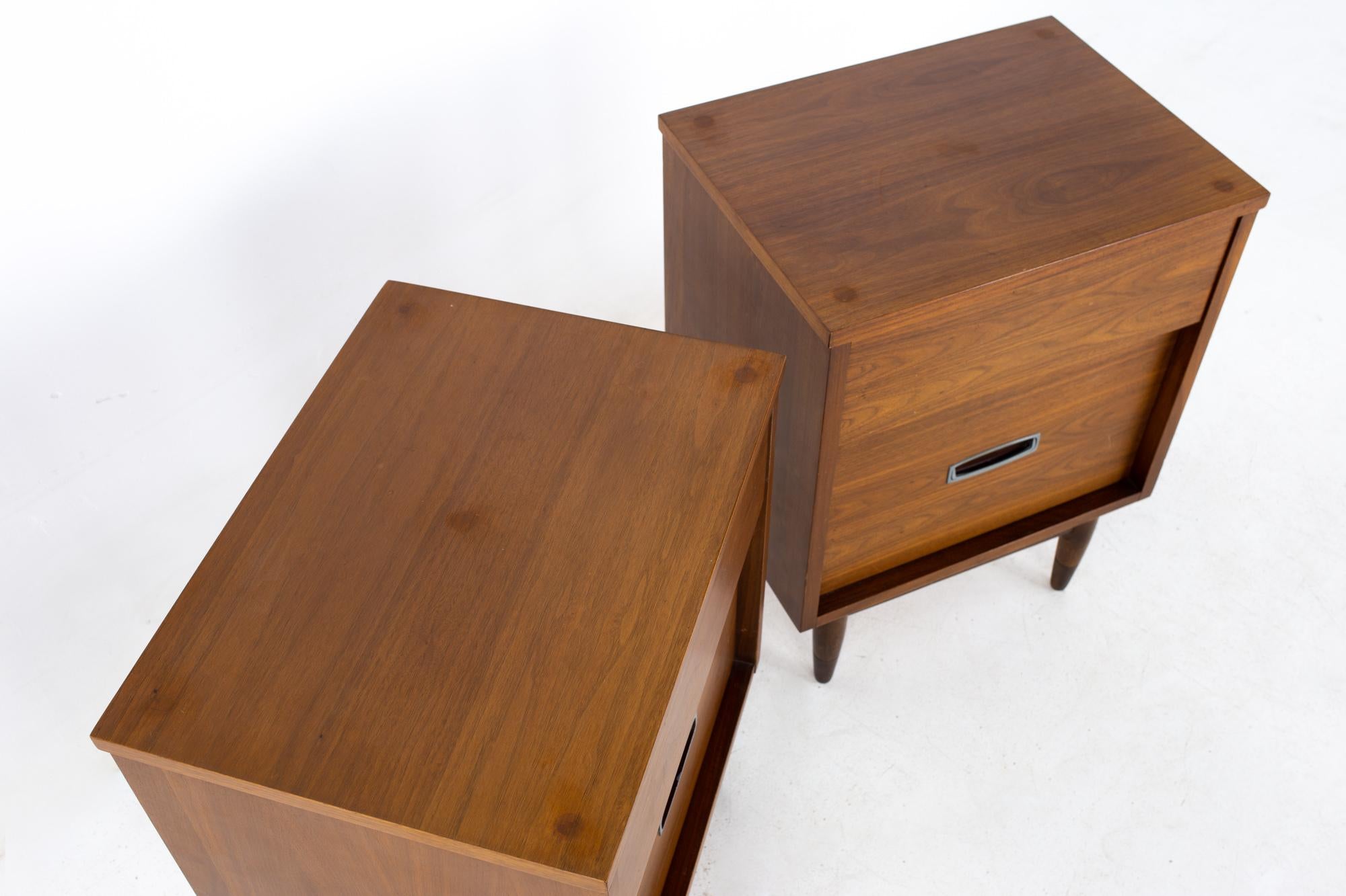 American Mainline by Hooker Mid Century Walnut and Stainless Nightstands, a Pair