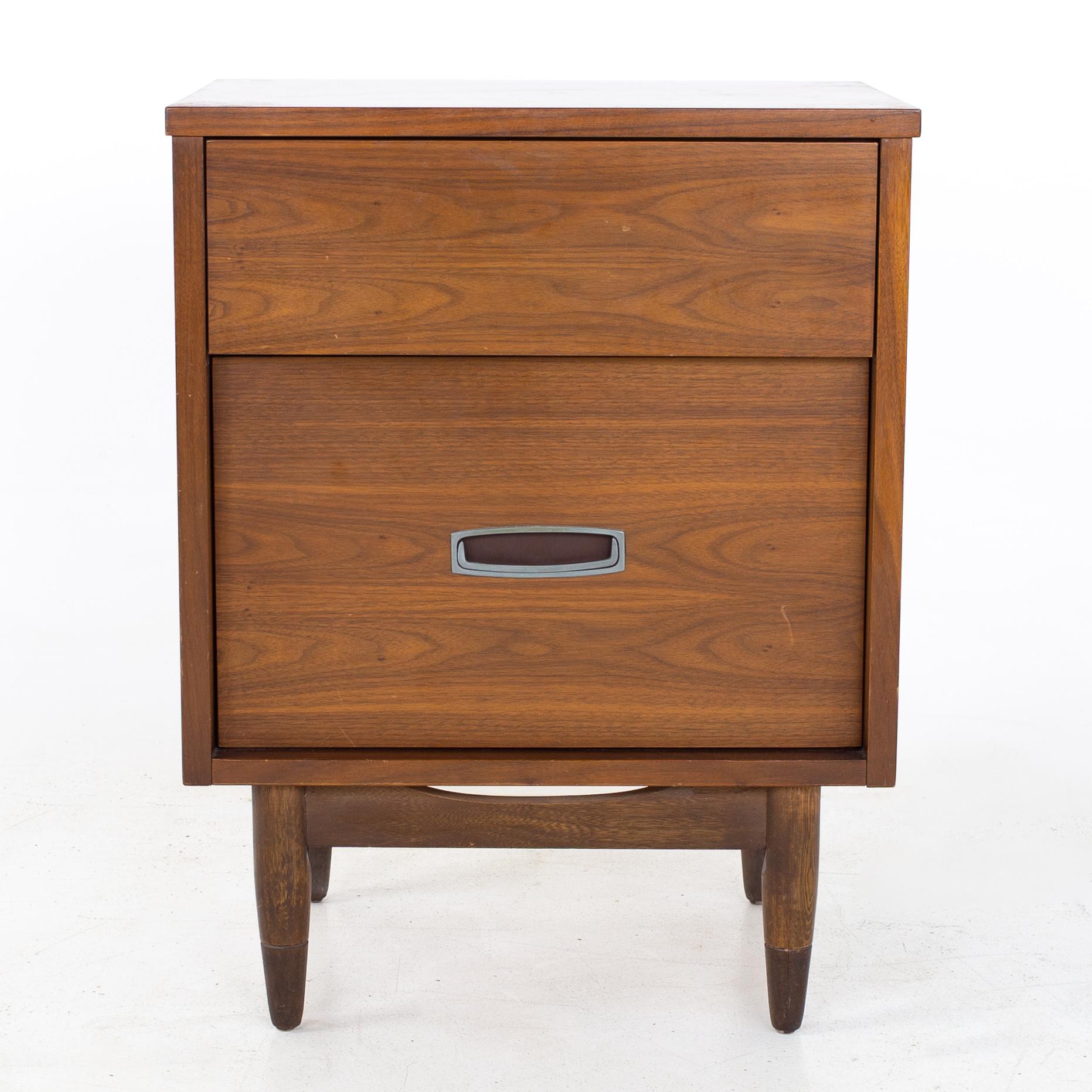 Stainless Steel Mainline by Hooker Mid Century Walnut and Stainless Nightstands, a Pair