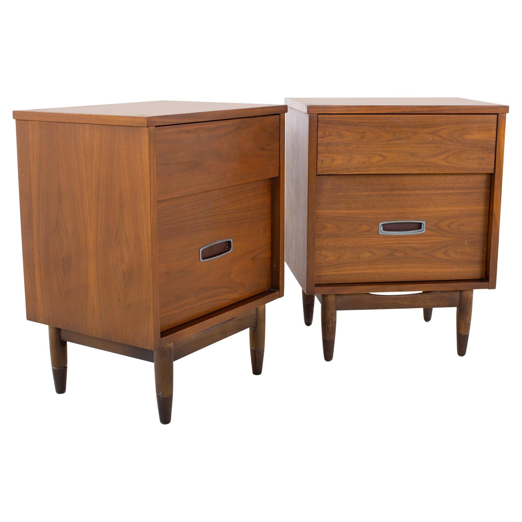 Mainline by Hooker Mid Century Walnut and Stainless Nightstands, a Pair