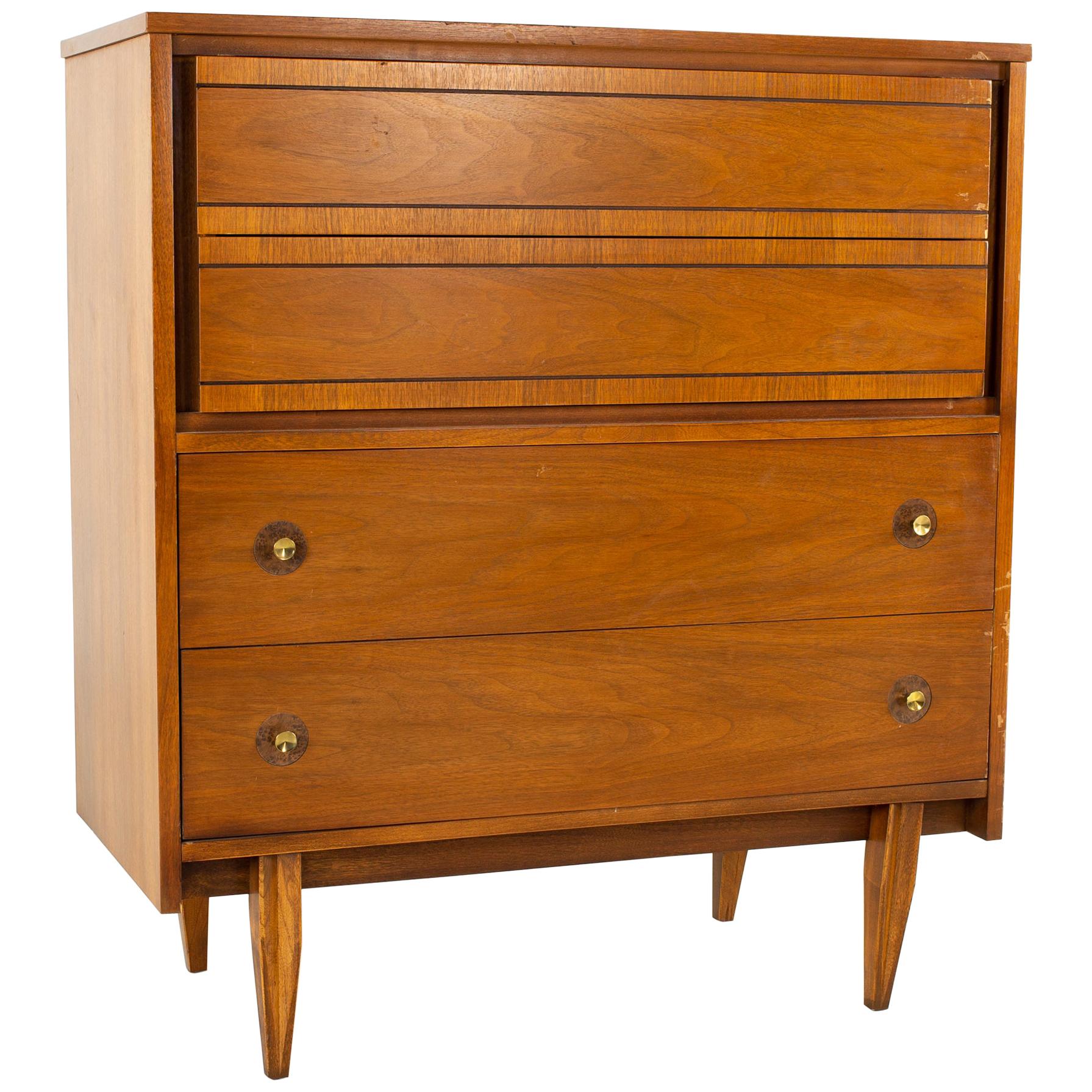 Mainline by Hooker Mid Century Walnut and Brass 4-Drawer Highboy Dresser