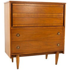 Vintage Mainline by Hooker Mid Century Walnut and Brass 4-Drawer Highboy Dresser