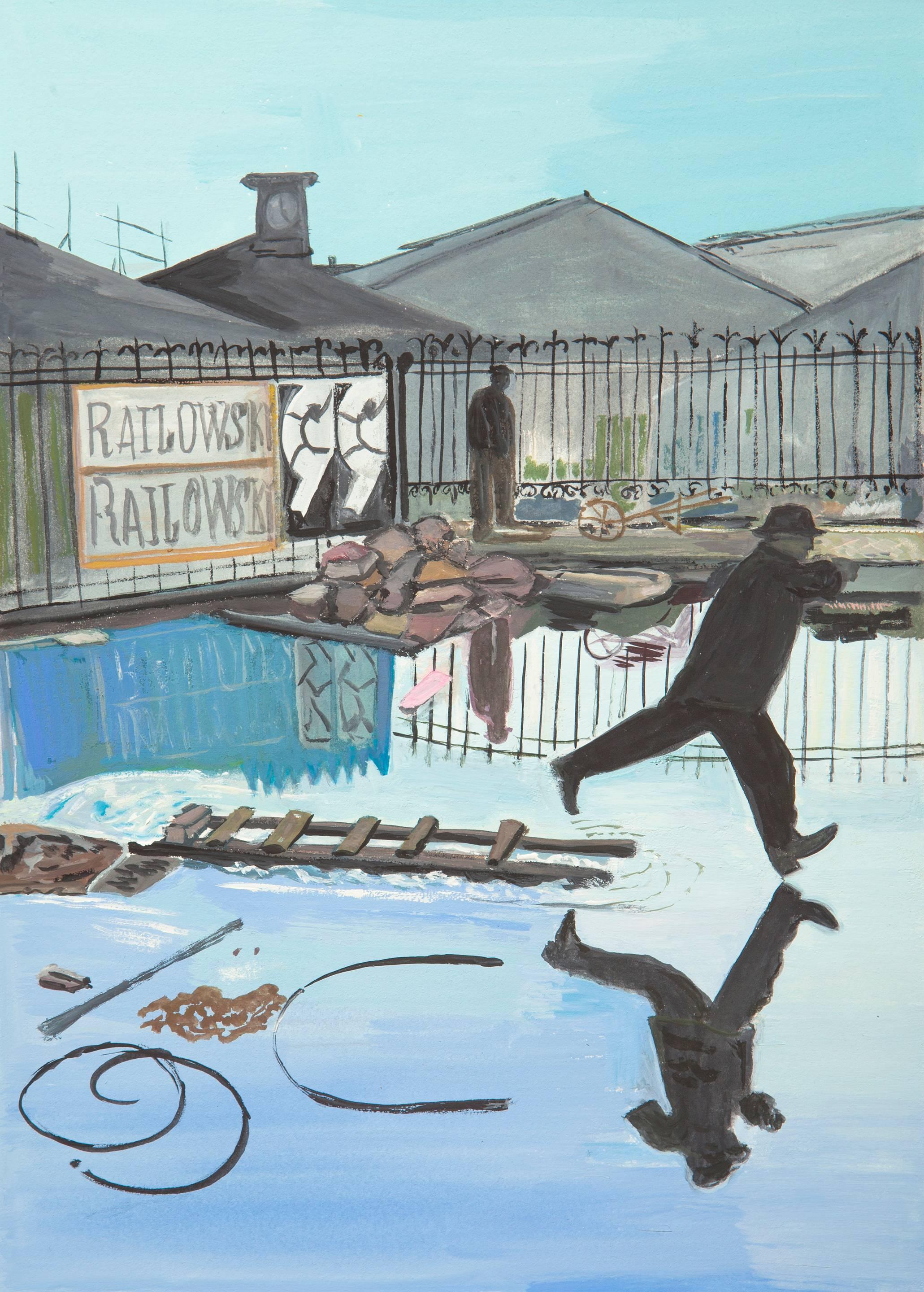 Maira Kalman Figurative Painting - After Henri Cartier-Bresson (Behind the Gare St. Lazare)