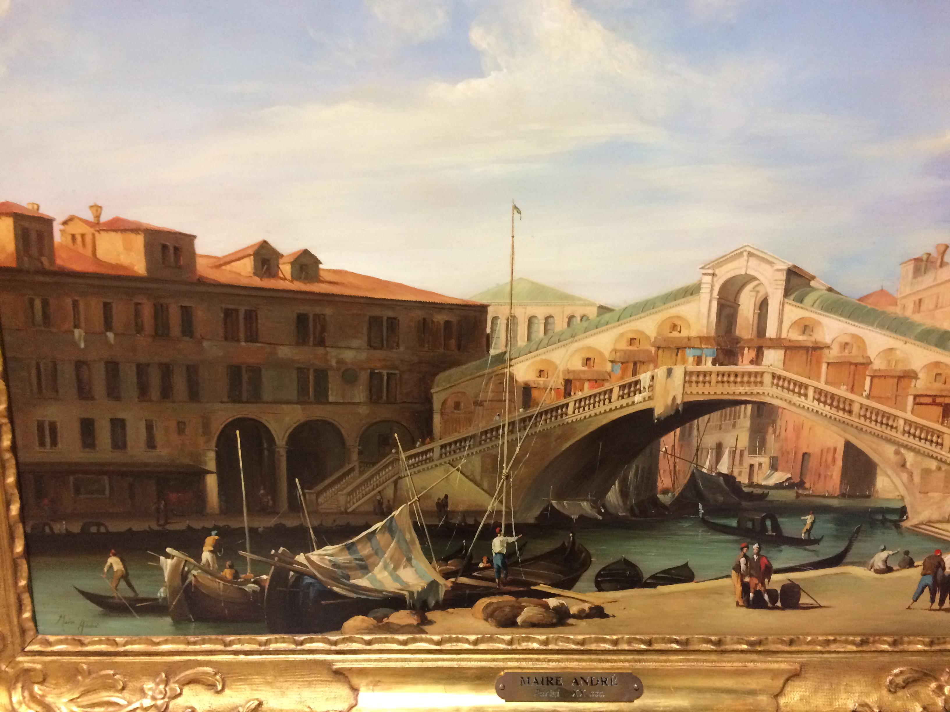 Pair of Paintings oil on Canvas with gilt wood Frame with Venetian Landscape 1940
Representing  The Ponte Rialto and Piazza San Marco.
Signed Maire Andre. 
Excellent decoration for your Interior.