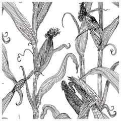 Mais-Black on White-Corn Printed Wallpaper