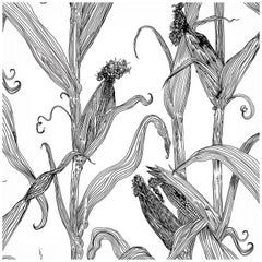 Mais-Black on White-Corn Printed Wallpaper