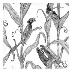 Mais-Black on White-Corn Printed Wallpaper