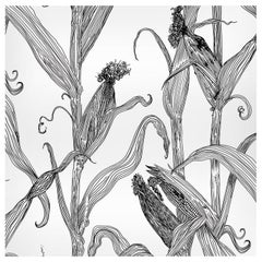 Mais-Black on White-Corn Printed Wallpaper