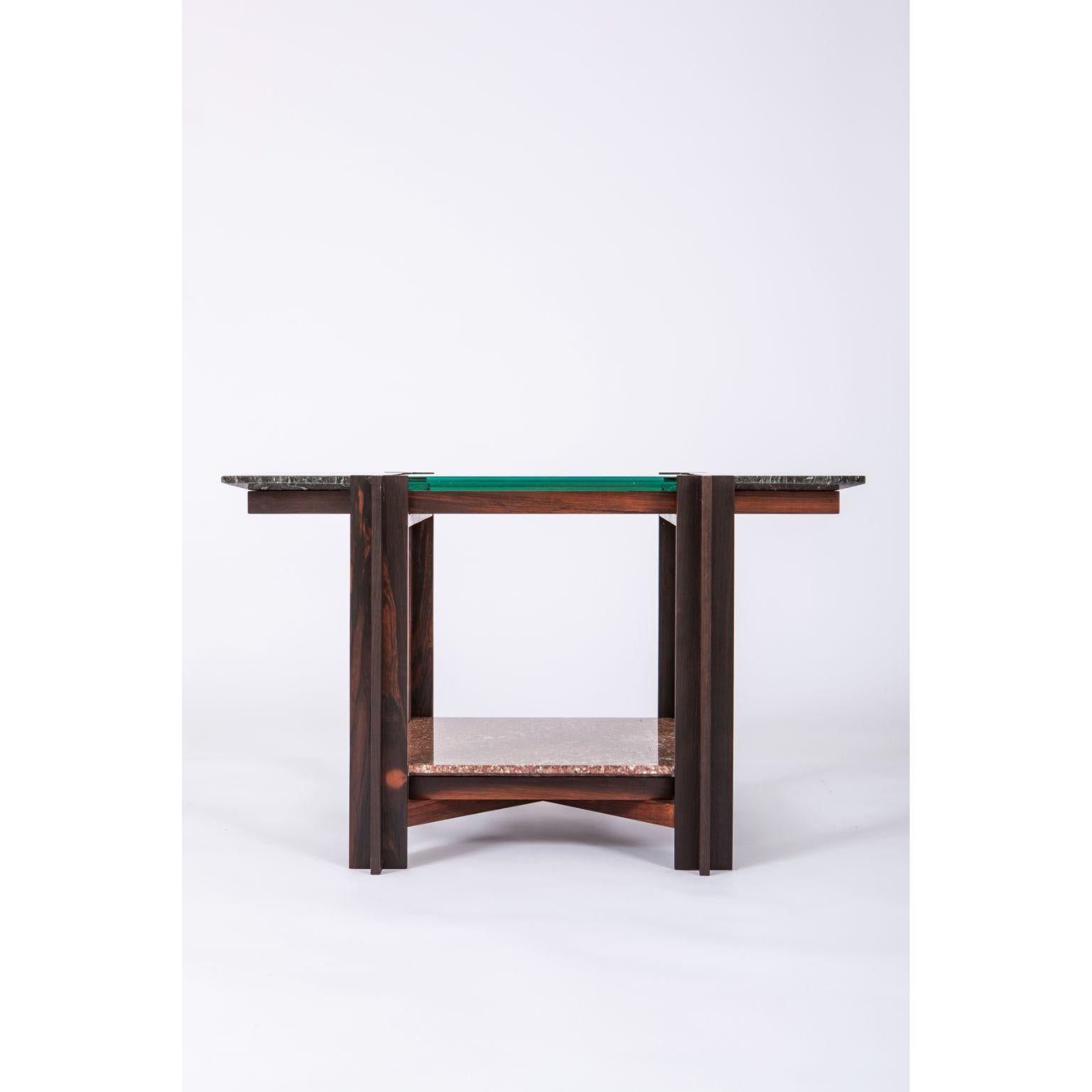Mais - dark Freijo table with tabs - by Alva Design
Materials: Natural or darkened Freijó + glass + granite (floral sandblasted green)
Dimensions: 83 x 49 x 50 cm

Alva is a furniture and objects design office, formed by brothers Susana Bastos,