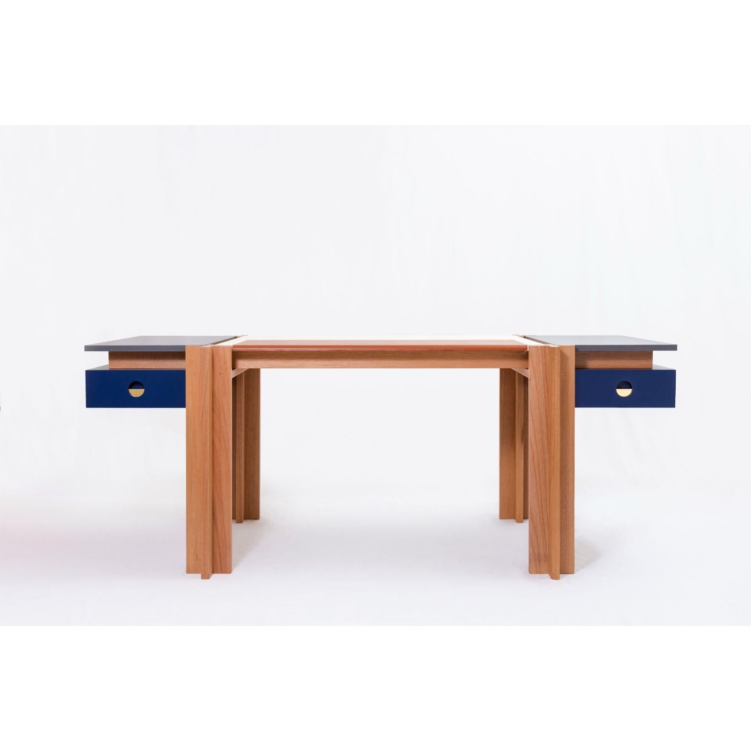 Mais - Desk by Alva Design
Materials: Wood, MDF, Formica, Leather details
Dimensions: 190 x 87 x 74 cm

ALVA is a furniture and objects design office, formed by brothers Susana Bastos, artist and designer, and Marcelo Alvarenga, architect. Their