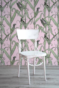 Mais-Green Leaf on Pink-Corn Printed Wallpaper