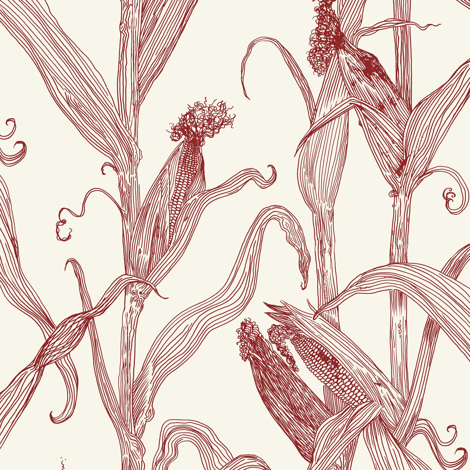 Post-Modern Mais-Green Leaf on Pink-Corn Printed Wallpaper For Sale