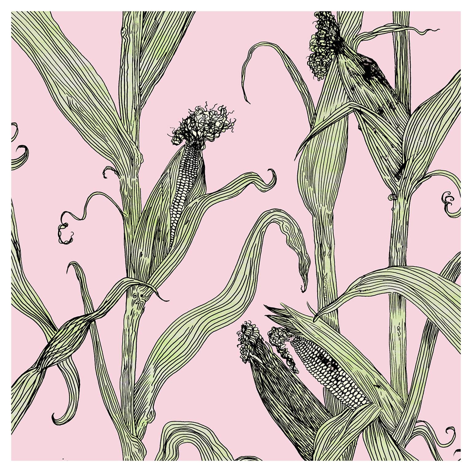 Mais-Green Leaf on Pink-Corn Printed Wallpaper For Sale