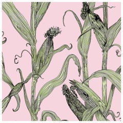 Mais-Green Leaf on Pink-Corn Printed Wallpaper