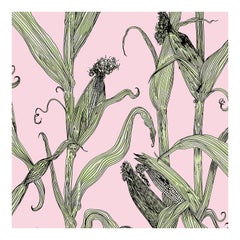 Mais-Green Leaf on Pink-Corn Printed Wallpaper