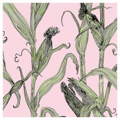 Mais-Green Leaf on Pink-Corn Printed Wallpaper