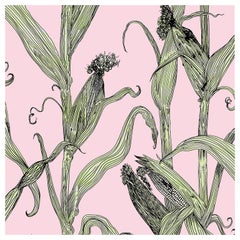 Mais-Green Leaf on Pink-Corn Printed Wallpaper