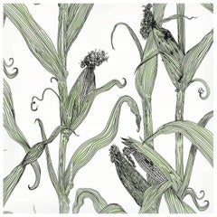 Mais-Green Leaf on White-Corn Printed Wallpaper