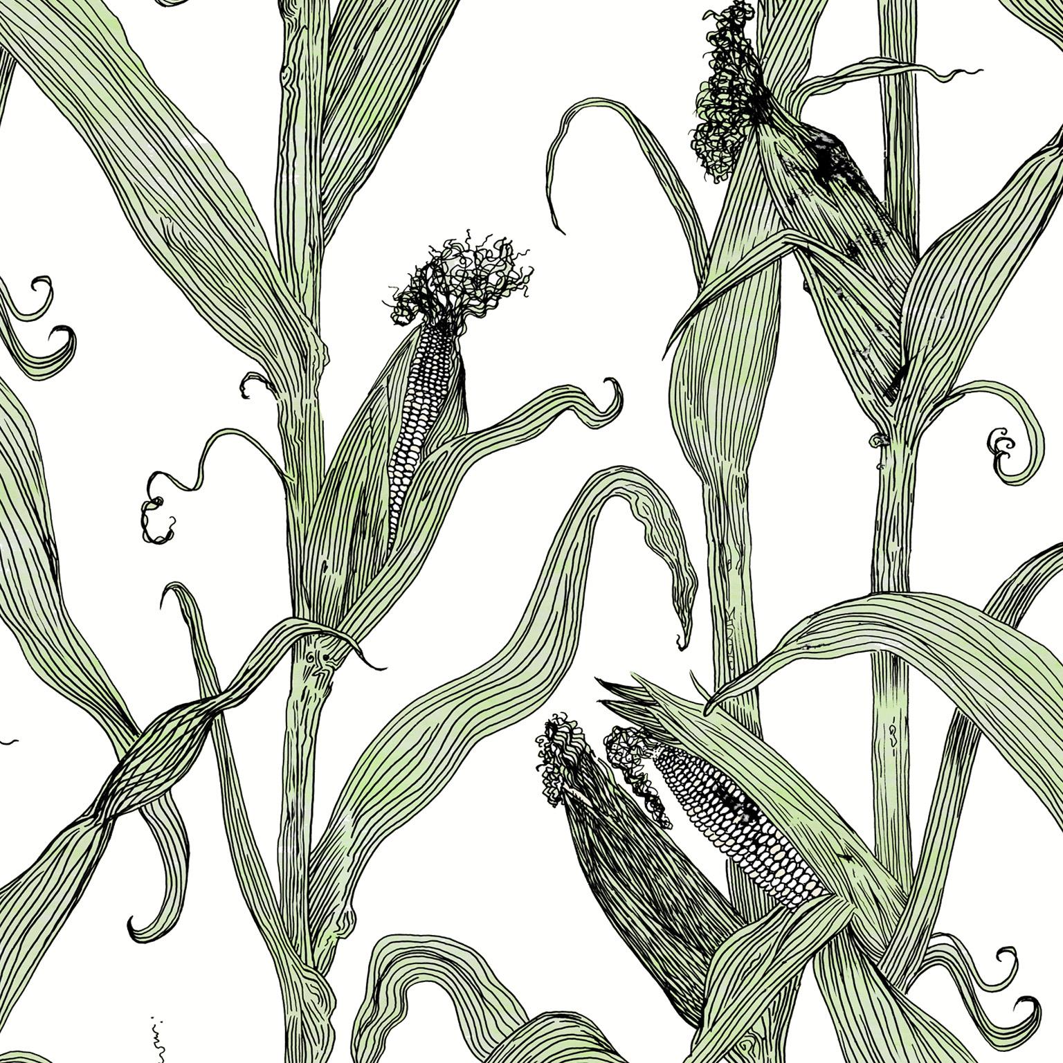 Mais-Green Leaf on White-Corn Printed Wallpaper For Sale