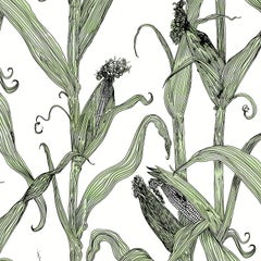 Mais-Green Leaf on White-Corn Printed Wallpaper