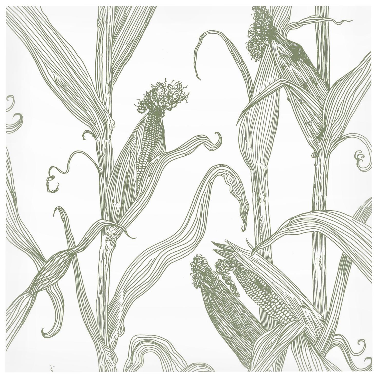 Mais-Green on White-Corn Printed Wallpaper For Sale