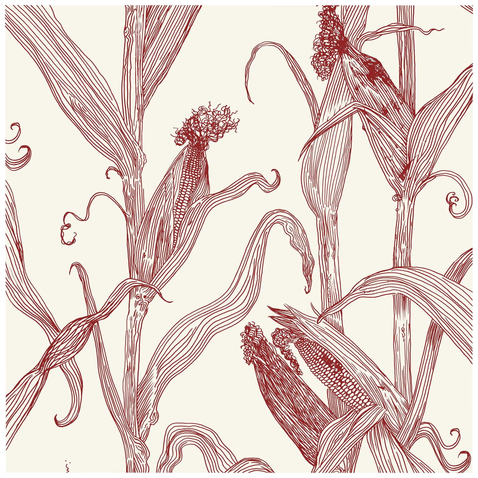 Mais-Red on Cream-Corn Printed Wallpaper For Sale